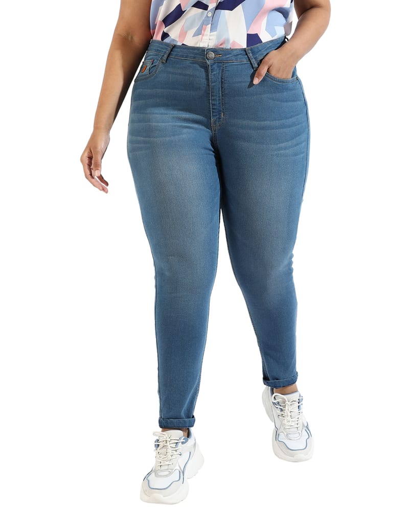 Front of a model wearing a size 40 Women Light Blue Skinny Fit Denim Jeans in Light Blue by Instafab Plus. | dia_product_style_image_id:294324